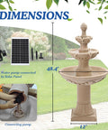 Solar Water Fountain Outdoor Garden Decor Three Tier Cascading Bubbler Waterfall With Pump For Patio And Backyard Forty Eight Point Four Inch Tall Resin Floor Standing Fountain with dimensions and solar panel.