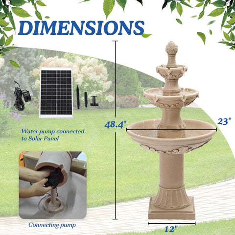 Solar Water Fountain Outdoor Garden Decor Three Tier Cascading Bubbler Waterfall With Pump For Patio And Backyard Forty Eight Point Four Inch Tall Resin Floor Standing Fountain with dimensions and solar panel.