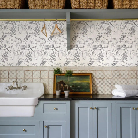 Gray Floral Peel And Stick Wallpaper 17.7 Inch By 118.1 Inch Self Adhesive Floral Contact Paper Waterproof Removable Wall Covering For Bedroom Bathroom Cabinets Decor No Residue in a vintage kitchen setting with blue cabinets and wall decor.