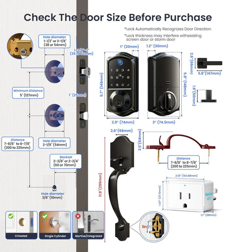 Dimensions and components of WiFi Smart Fingerprint Front Door Lock Set With Remote App Control Hands Free No Fuss Keyless Entry.