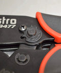 Close-up of 7-Piece Quick Interchangeable Ratchet Crimping Tool Set with red and black handles, showing Astro 9477 branding.