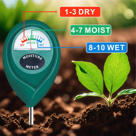 Five Point Five Inch Deep Probe Soil Moisture Meter For Indoor And Outdoor Plants with dial showing dry, moist, wet zones