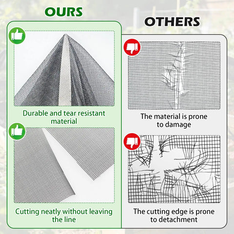Comparison of Stronger Beefy Garden Mesh Netting For Plants Vegetables Fruits And Flowers Heavy Duty 10x20 Ft Black PPT Nano Bug Bird Net Screen showing durability and neat cutting