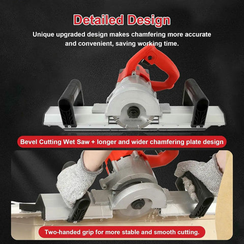 Pro Level Heavy Duty Electric Tile Chamfer Machine With Sturdy 12 V Water Pump And Lightning Fast 13000 Rpm Motor and Tough 1200 W Wet Cutting Saw, showing dual handles and bevel cutting design.