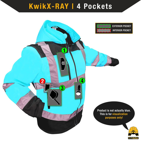 Diagram of Hi Viz Reflective Safety Jacket For Work ANSI OSHA Class 3 Water Resistant Gear Limited Edition Pattern Yellow Large showing pocket layout