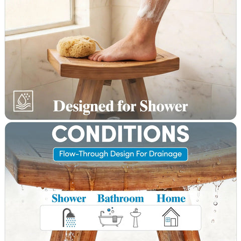 18-Inch Teak Shower Bench For Small Bathrooms And Outdoor Showers with flow-through drainage, sponge, and foot resting.