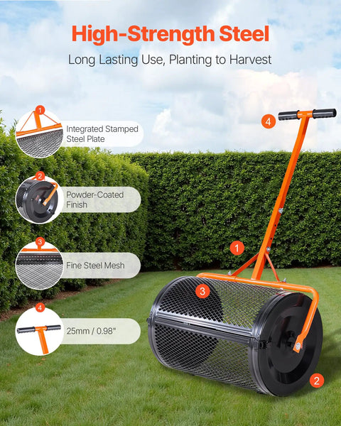 Heavy Duty Compost And Seed Spreader 24 Inch Wide Peat Moss Spreader With T Shaped Handle Adjustable Heights Powder Coated Steel