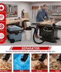Dual Cyclone Dust Separator For Shop Vac Pre Separator For Sawdust And Debris Reduces Filter Clogging Extends Vacuum Life Boosts Suction Power For Woodworking Cleanup in a workshop setting.
