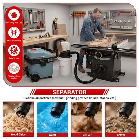 Dual Cyclone Dust Separator For Shop Vac Pre Separator For Sawdust And Debris Reduces Filter Clogging Extends Vacuum Life Boosts Suction Power For Woodworking Cleanup in a workshop setting.