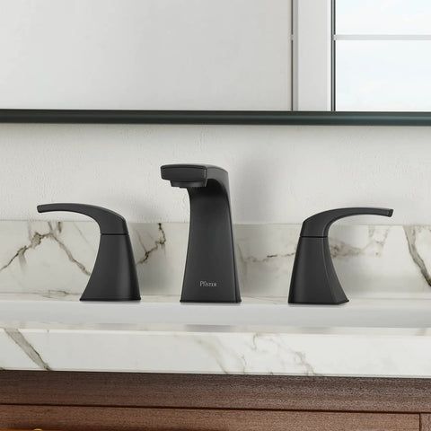 Widespread Bathroom Sink Faucet With Matte Black Finish, 8 Inch Centers, Dual Handle, 3 Hole Deck Mount shown on marble sink