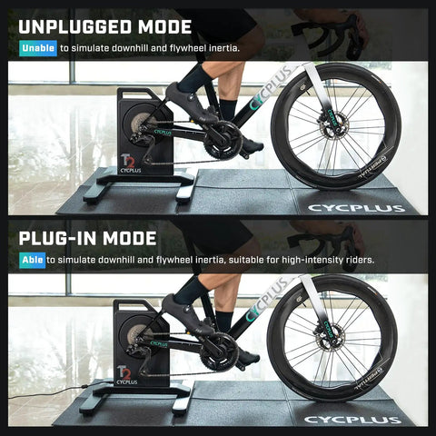 High-Power Indoor Bike Trainer With 2200W Brushless Motor in unplugged and plugged-in modes, showing different functionalities.