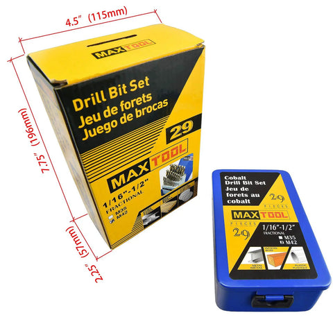 Packaging of 29-Piece Twist Drill Bit Set With 8 Percent Cobalt M42 for Hardened Steel and Cast Iron, shown in box and case