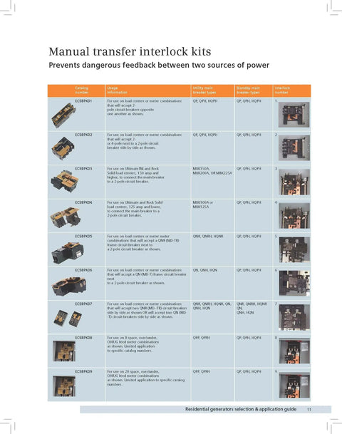 Manual transfer interlock kits comparison chart showing generator standby power mechanical interlock kit for Siemens or Murray panels.