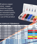 Ferrule Crimping Tool Kit With Wire Crimper, Pro Grade Nylon Storage Container, And 1,200 Electrical Wire Connectors showing ferrule color codes and specifications chart.