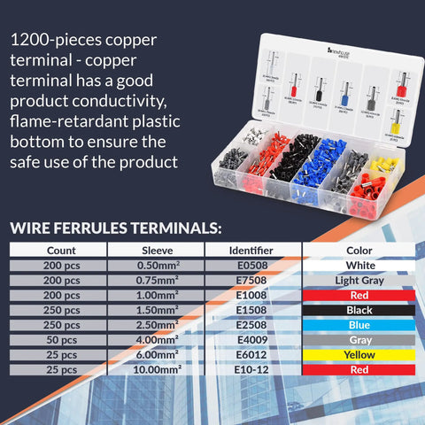Ferrule Crimping Tool Kit With Wire Crimper, Pro Grade Nylon Storage Container, And 1,200 Electrical Wire Connectors showing ferrule color codes and specifications chart.