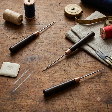Top Shelf 3 Piece Scratch Awl Tool Set Featuring Sick Ergonomic Wood Grips And Razor Sharp Tips for Leather Crafting on wooden table.