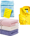 Clothing Tag Gun Kit with yellow price tag on towel and shirt, displaying tag placement possibilities.