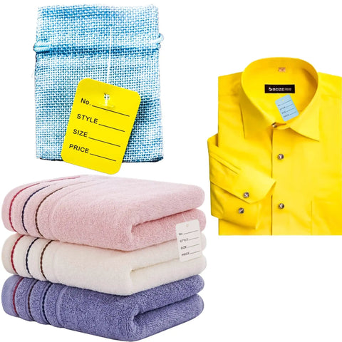 Clothing Tag Gun Kit with yellow price tag on towel and shirt, displaying tag placement possibilities.