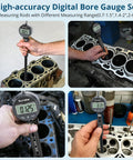 Allmeter dial bore gauge with digital readout; 0.7-6 in; collage of front, side, close-up, installed views