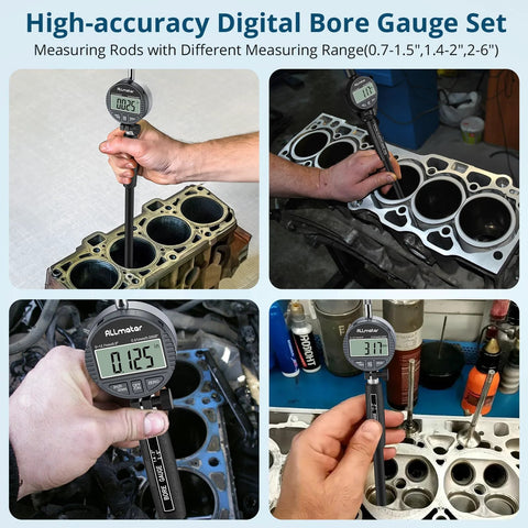 Allmeter dial bore gauge with digital readout; 0.7-6 in; collage of front, side, close-up, installed views