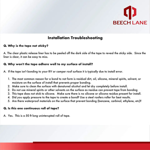 Installation troubleshooting guide for RV Roof Repair Tape 4 Inch By 50 Foot No Fuss Permanent Leak Stop For Campers And Travel Trailers.