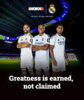 Real Madrid players in white kits standing confidently, promoting partnership with WORX at a stadium.