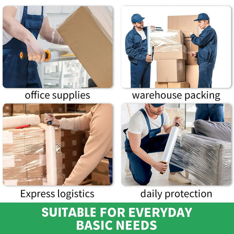 Heavy Duty Stretch Wrap With Handles Industrial Strength Moving Plastic Roll Sixty Gauge Shrink Film For Pallet Packaging Two Pack in use for warehouse packing.