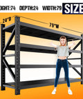 Built Tough Heavy Duty Garage Shelving Unit With Adjustable Steel Tiers Holding Up To Five Thousand Pounds Per Shelf Without Breaking A Sweat For Serious Tool Storage And Workshop Organization, showing dimensions with person for scale.