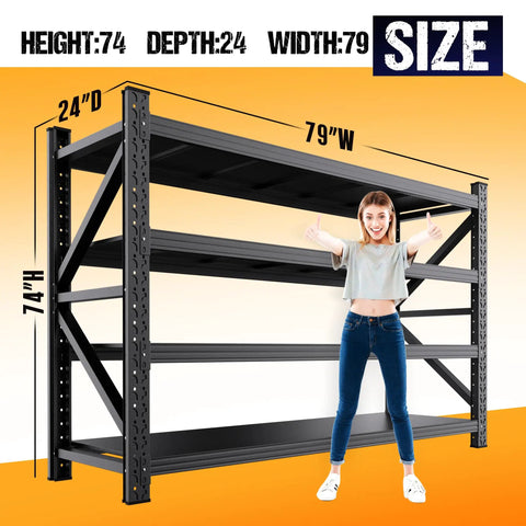 Built Tough Heavy Duty Garage Shelving Unit With Adjustable Steel Tiers Holding Up To Five Thousand Pounds Per Shelf Without Breaking A Sweat For Serious Tool Storage And Workshop Organization, showing dimensions with person for scale.