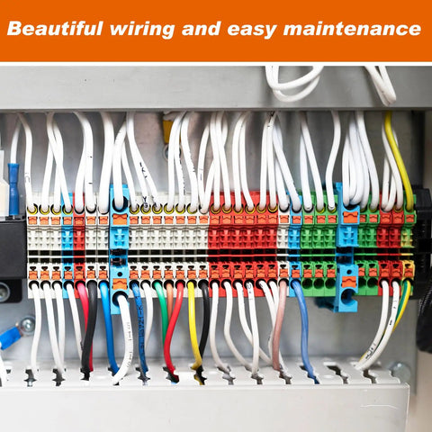 DIN Rail Terminal Block Kit For Quick No-Fuss Wiring With Twin Spring Push-In Connectors And Screwless PT Setup visible in cabinet