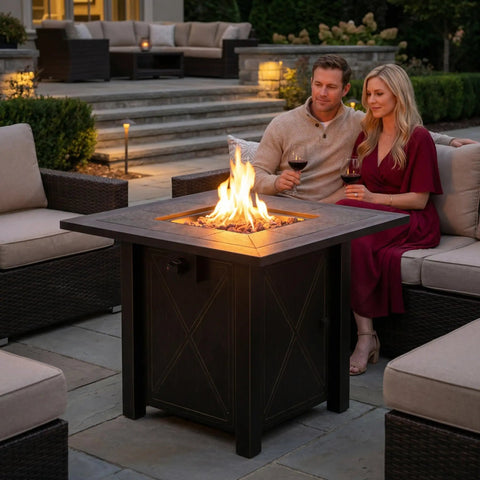 30 Inch Propane Fire Pit Table With Premium Ceramic Top, 50000 BTU Gas Firepit, Includes Lid And Lava Rocks, Doubles As A Stylish Outdoor Coffee Table For Patio, Garden Or Yard, Great For Dining, Parties And Cozy Evenings in a patio setting