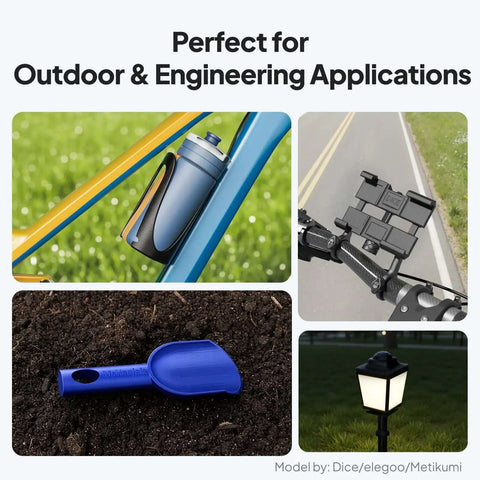 Collage showing applications of ASA 1.75mm 1Kg UV Weather Resistant 3D Printer Filament for outdoor parts and engineering uses.