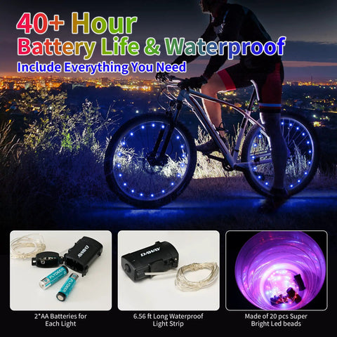Mountain bike with Blue LED Bike Wheel Lights for Two Tires, bright spoke lights glowing at night.