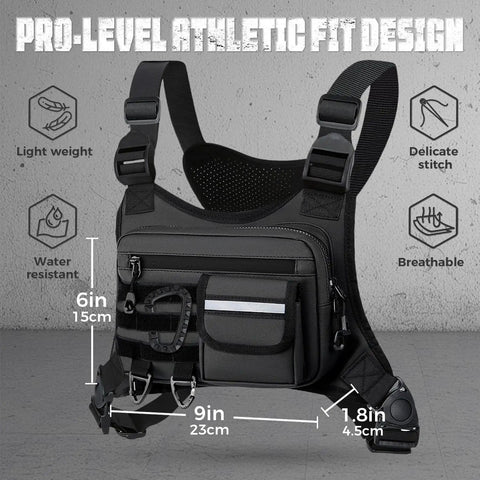 Outdoor Chest Bag For Men With Built In Phone Holder, Lightweight EDC Chest Pack with straps, pockets, and dimensions shown