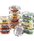 24 Piece Borosilicate Glass Food Storage Set With Snap Locking Lids Airtight Meal Prep Containers For Quick Lunches, stacked with fruits