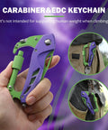 Six In One Multitool Carabiner With Folding Knife And Bottle Opener For Camping And Hiking, EDC Gear in purple and green held by hand