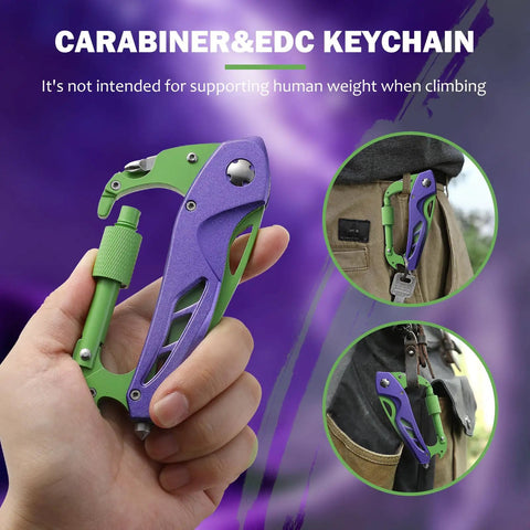 Six In One Multitool Carabiner With Folding Knife And Bottle Opener For Camping And Hiking, EDC Gear in purple and green held by hand