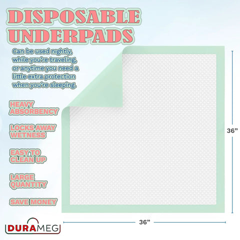 Heavy Duty Extra Large Disposable Underpads To Cover Your Mattress For Keeps, Super Absorbent Waterproof Adult Incontinence Sheets And Tough Puppy Pads For Dogs, 36X36 50 Count Pack, white and green underpad design.