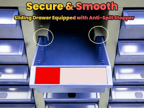 Close-up of a drawer in a Heavy Duty 100 Drawer Parts Cabinet With Metal Frame For Nuts Bolts And Small Hardware In Garage Workshop And Classroom Storage Organizer Durable ABS Drawers And Sturdy Metal Body Keeps Tools And Components Tidy And Accessible, showing sliding mechanism and anti-spill stopper.