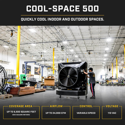 Heavy Duty Portable Evaporative Swamp Cooler With 50 Inch Fan Kicks Serious Heat In 6500 Sq Ft Garages showing black unit and user adjusting controls.