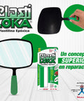Two-part Plastilina Epóxica repair compound for durable fixes, shown in container and applied on a small black plastic surface.