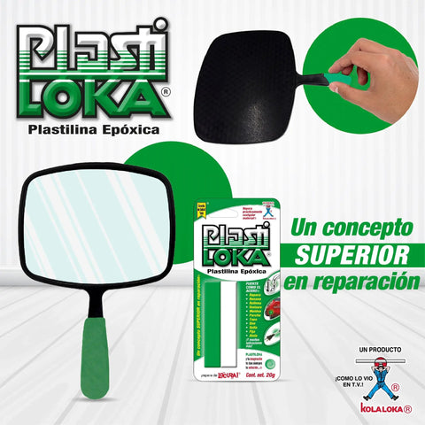 Two-part Plastilina Epóxica repair compound for durable fixes, shown in container and applied on a small black plastic surface.