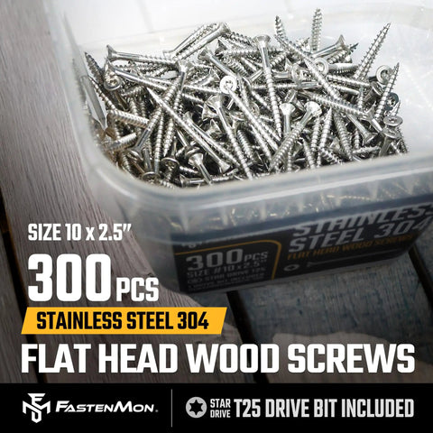 Stainless Steel Deck Screws 10x2.5 Inch 304 Grade 300 Count With T25 Star Drive Bit in bulk box for outdoor projects.