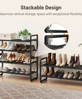 Expandable Two Tier Metal Shoe Rack Organizer For Entryway And Closet Adjustable Length From 18.6 To 30.5 Inches Holds Up To 8 Pairs Black Shoe Shelf With Four Hooks For Garage Door Entrance showing stackable design with shoes and plants