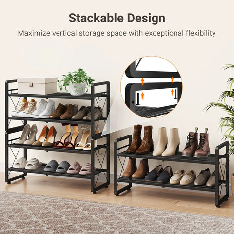 Expandable Two Tier Metal Shoe Rack Organizer For Entryway And Closet Adjustable Length From 18.6 To 30.5 Inches Holds Up To 8 Pairs Black Shoe Shelf With Four Hooks For Garage Door Entrance showing stackable design with shoes and plants
