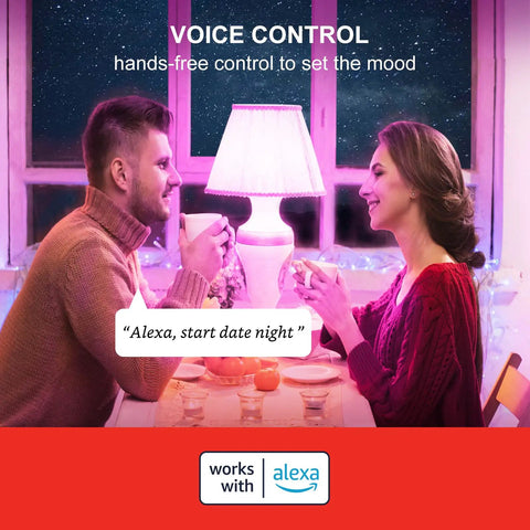 Couple enjoying dinner with Alexa Ready Color Changing LED Bulbs A19 100W Equivalent Bluetooth Mesh Dimmable RGB Lighting