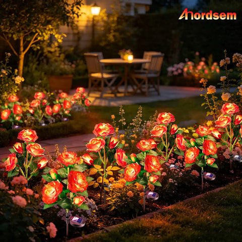 Solar Garden Lights Outdoor 10 Waterproof Fabric Roses 2 Pack Rad Red Led Flower Decorations for yard at night