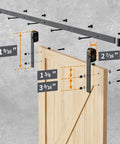 Heavy Duty Sliding Barn Door Hardware Kit 6.6 Ft installed on wooden door, showing J shape hangers and adjustable floor guide