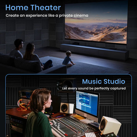 Premium High Density Sound Proof Foam Panels 80 Pack Wedge Acoustic Wall Tiles in home theater and music studio setup.