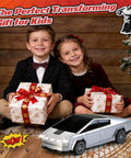 Children holding gifts with Cybertruck RC Toy Car For Kids 2 In 1 Vehicle With 2.4GHz Remote Lights Dual Batteries 360 Degree Rotation.